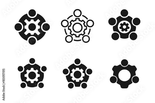 Collectivist Icon Set. Collectivist. Icon set. Set Logo of collectivist: teamwork gear with human silhouettes as cogs. harmonious logo variations of the same