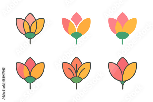 Colorful Flower Logos. Function of flower petals. Icon set. Set Logo of flower petal function: colorful bloom cross-section. harmonious logo variations of the