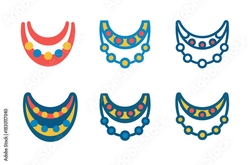Colorful Necklace Logo Set. Colorful accessories. Icon set. Set Logo of accessories: layered necklaces with beads. harmonious logo variations of the same