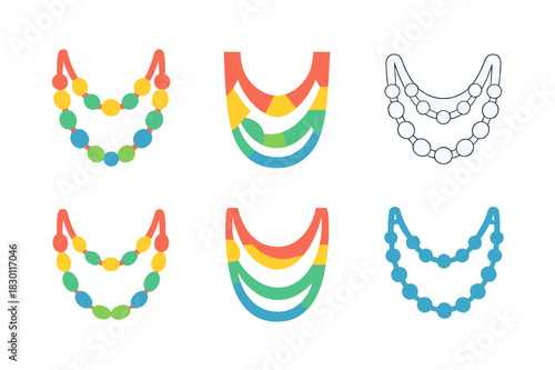 Colorful Necklace Logo Set. Colorful accessories. Icon set. Set Logo of accessories: layered necklaces with beads. harmonious logo variations of the same