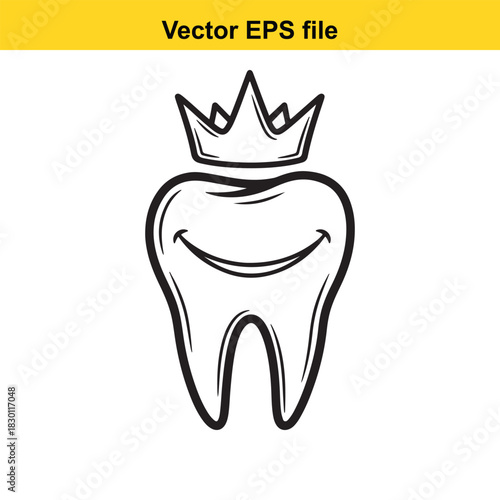Black and white outline vector illustration of a happy tooth wearing a royal crown, isolated on white background for dental concept