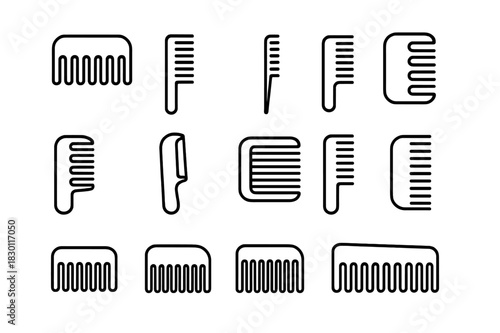 Comb Types Array. Comb types. Line icon set of comb types: wide-tooth comb, fine-tooth comb, tail comb, pick comb, detangling comb, folding comb, barber comb,