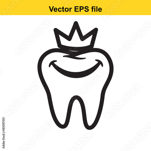 Outline drawing of a happy cartoon tooth wearing a small crown, representing a royal or perfect dental health concept, isolated on white background