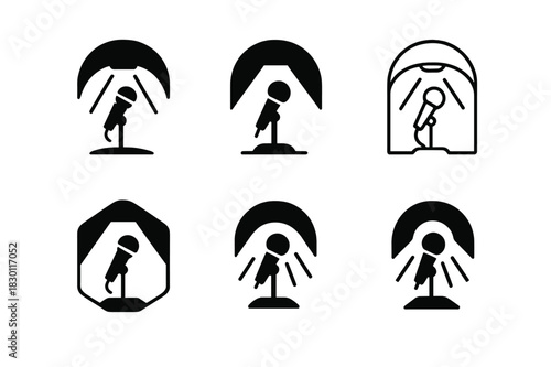 Comedy Podcast Logos. Comedy Podcast. Icon set. Set Logo of Comedy Podcast: stage spotlight with mic. harmonious logo variations of the same emblematic