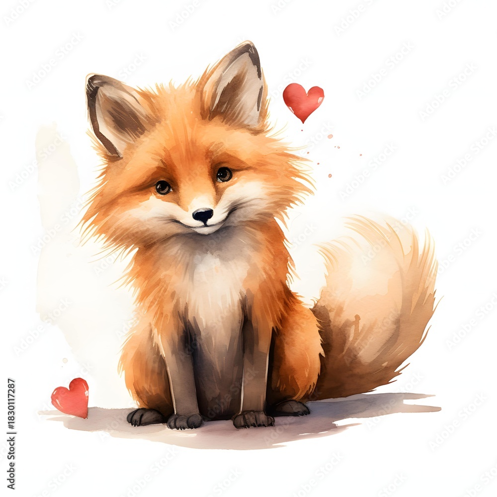 Fototapeta premium Cute fox sitting pretty with heart shapes in a watercolor painting on white backdrop