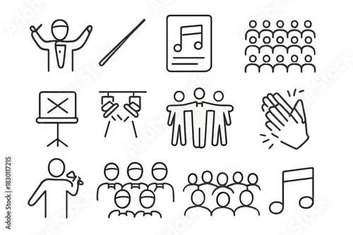 Conductor Icon Set. Conductor & Performance. Line icon set of Conductor & Performance: conductor, baton, sheet music, orchestra, music stand, stage lights,