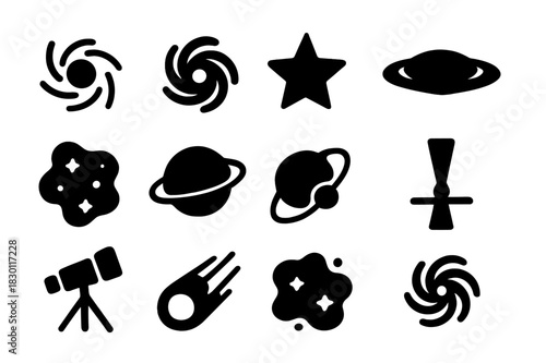 Cosmic Icon Set. Quasar Exploration. Solid icon set of quasar, galaxy, star, black hole, nebula, planet, orbit, light beam, telescope, comet, cosmic dust,