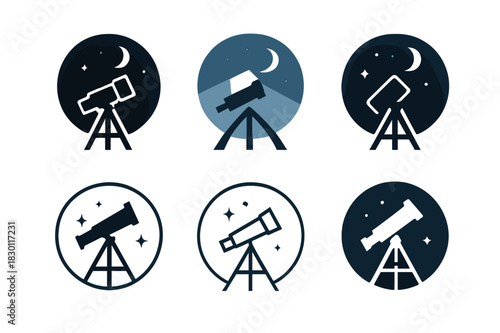 Cosmic View Logos. cosmic view. Icon set. Set Logo of cosmic view: telescope silhouette. harmonious logo variations of the same emblematic concept, each with