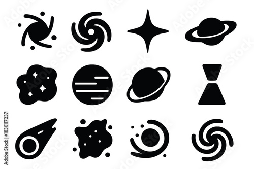 Cosmic Icon Set. Quasar Exploration. Solid icon set of quasar, galaxy, star, black hole, nebula, planet, orbit, light beam, telescope, comet, cosmic dust,