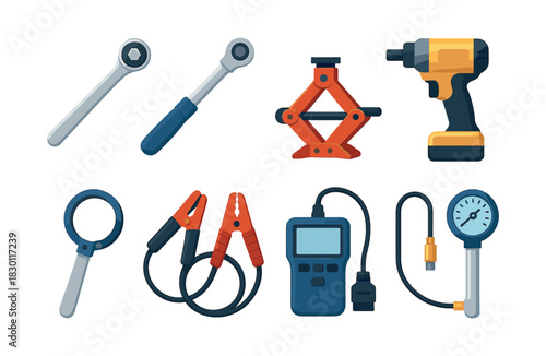 Car repair tools set, ratchet, jack, drill, flat vector illustration