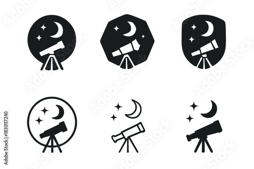 Cosmic View Logos. cosmic view. Icon set. Set Logo of cosmic view: telescope silhouette. harmonious logo variations of the same emblematic concept, each with