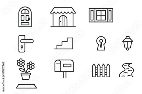 Cottage Door Icons. Cottage doors. Line icon set of cottage doors: wooden door, thatched roof, window with shutters, door handle, steps, keyhole, flowers,
