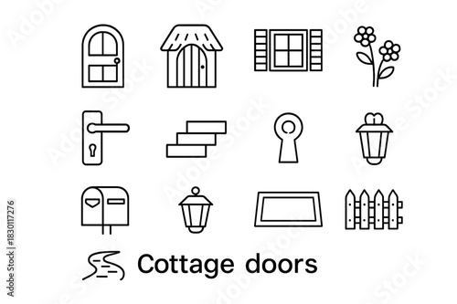 Cottage Door Icons. Cottage doors. Line icon set of cottage doors: wooden door, thatched roof, window with shutters, door handle, steps, keyhole, flowers,