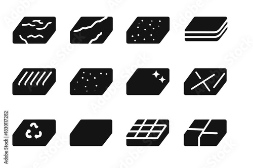 Countertop Material Icons. Countertop materials. Solid icon set of Countertop materials: granite, marble, quartz, laminate, butcher block, concrete, stainless
