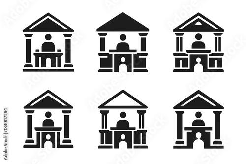 Courtroom Logo Variations. Courtroom scene with defendant. Icon set. Set Logo of courtroom: courthouse interior with person. harmonious logo variations of the