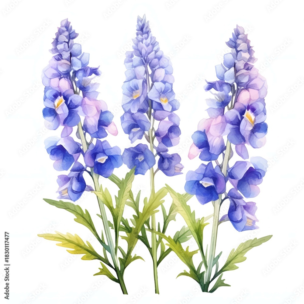 Obraz premium Delicate watercolor painting of delphinium flowers in shades of blue and lavender