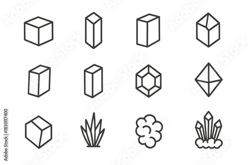 Crystal Shape Icons. Crystal shapes. Line icon set of crystal shapes: cubic, hexagonal prism, tetragonal prism, orthorhombic, monoclinic, triclinic,
