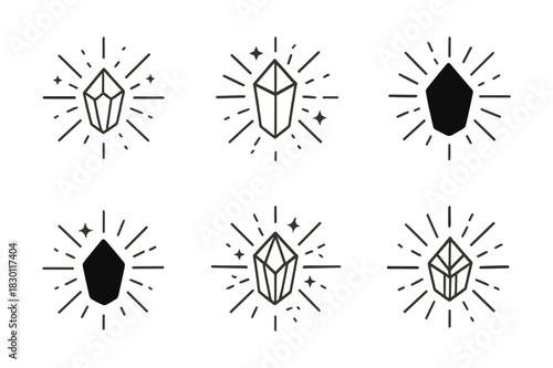 Crystallized Energy Icons. Explosion of energy from crystals. Icon set. Set Logo of crystal energy: crystal emitting sparkles. harmonious logo variations of
