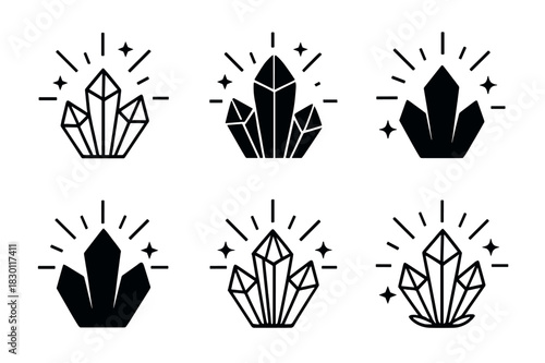 Crystallized Energy Icons. Explosion of energy from crystals. Icon set. Set Logo of crystal energy: crystal emitting sparkles. harmonious logo variations of