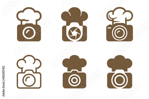 Culinary Camera Logos. Food culture and traditional cuisine photography. Icon set. Set Logo of food culture and traditional cuisine photography: chef?s hat and