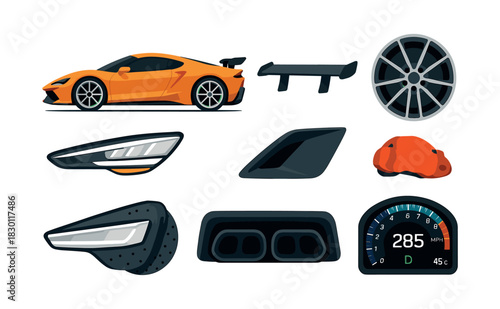 Car parts set, tires, spoiler, dashboard elements, flat vector illustration
