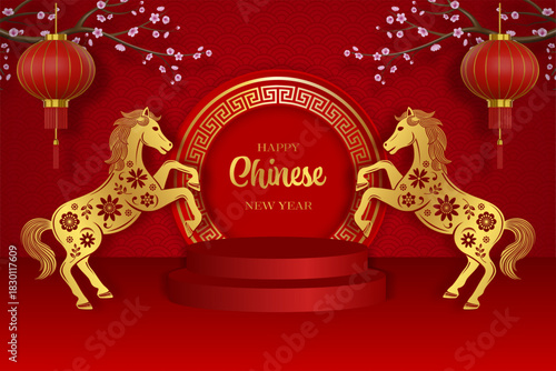 chinese new year background with gold horses nad red podium with gold decorations. chinese new year poster with cherry flowers and lanterns
