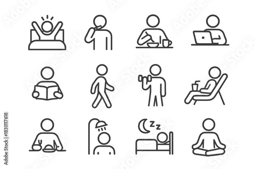 Daily Routine Icons. Daily routine. Line icon set of daily routine: wake up, brush teeth, eat breakfast, work, read, walk, exercise, relax, dinner, shower,