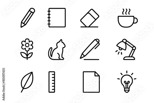 Daily Sketch Icons. Daily Sketches. Line icon set of Daily Sketches: pencil, sketchbook, eraser, coffee cup, flower, cat, pen, lamp, leaf, ruler, paper sheet,
