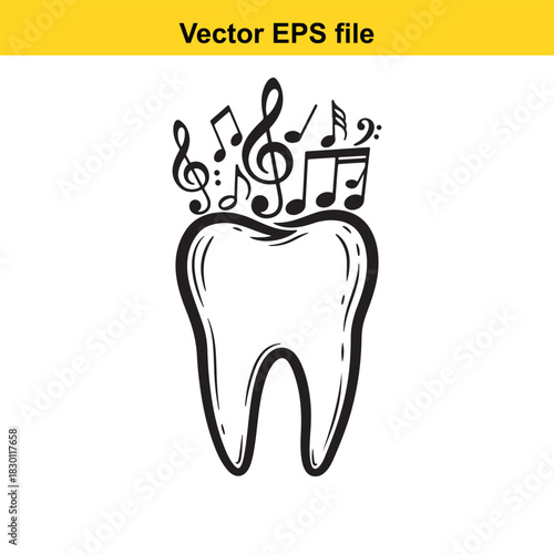 Hand drawn vector illustration of a molar tooth with musical notes and treble clef floating above, representing dental health and music concept, isolated on white background