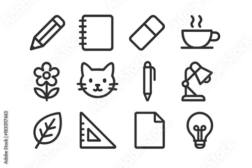 Daily Sketch Icons. Daily Sketches. Line icon set of Daily Sketches: pencil, sketchbook, eraser, coffee cup, flower, cat, pen, lamp, leaf, ruler, paper sheet,