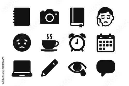 Daily Icons Set. Daily Struggle Icons. Solid icon set of notebook, camera, journal, tired person, sad face, coffee cup, alarm clock, calendar, laptop, pencil,