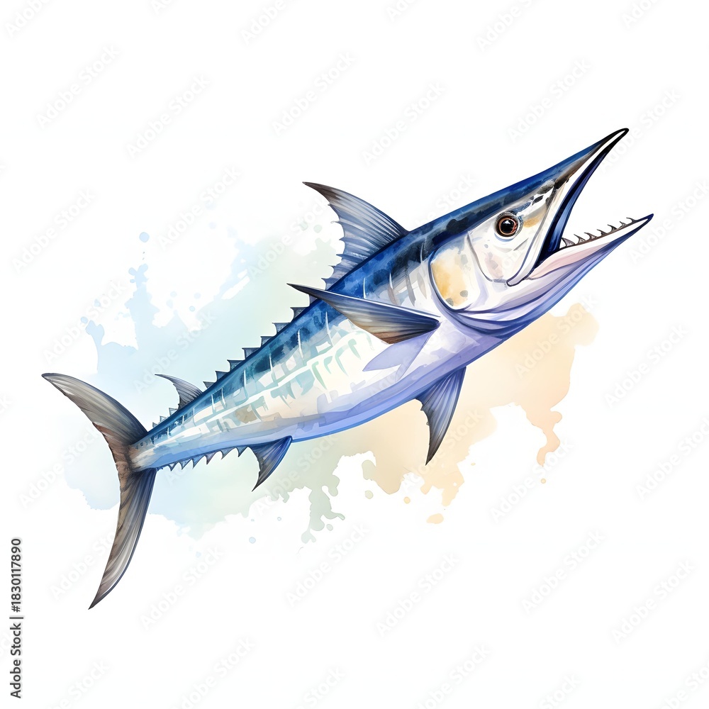 Fototapeta premium Watercolor illustration of a wahoo fish jumping with its mouth open in the ocean