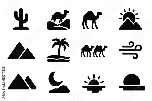Desert Sunset Icons. Desert Sunset. Solid icon set of Desert Sunset: cactus, sand dunes, camel, sun, pyramid, palm tree, oasis, caravan, wind, mountain, moon,
