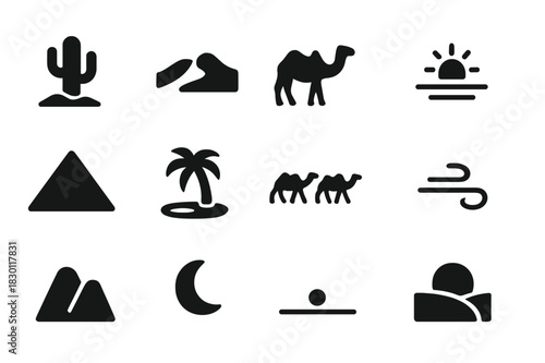 Desert Sunset Icons. Desert Sunset. Solid icon set of Desert Sunset: cactus, sand dunes, camel, sun, pyramid, palm tree, oasis, caravan, wind, mountain, moon,