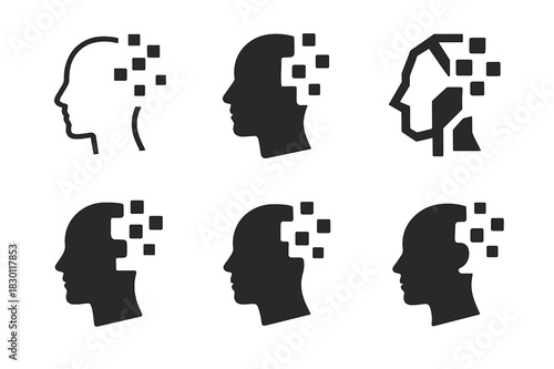 Digital Avatar Icons. Digital avatars and evolving identity. Icon set. Set Logo of digital avatars: abstract human profile in pixels. harmonious logo