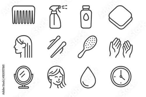 Detangling Routine Icons. Detangling routine. Line icon set of detangling routine: wide-tooth comb, detangler spray, conditioner, towel, sectioned hair, hair