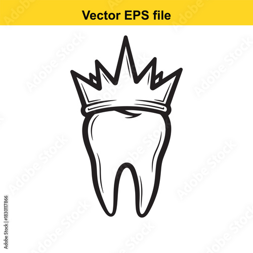 Black and white line art vector illustration of a molar tooth wearing a sharp pointed crown, isolated on white background