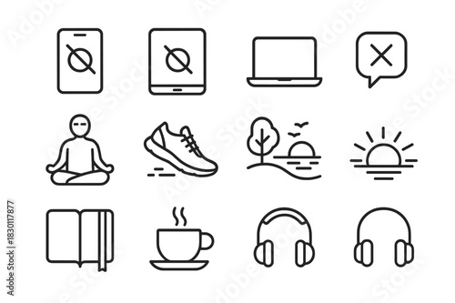 Digital Detox Icons. Digital Detox. Line icon set of Digital Detox: mobile phone off, tablet off, laptop closed, crossed notifications, meditation icon,