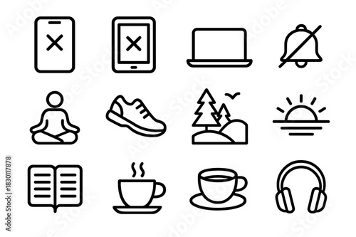 Digital Detox Icons. Digital Detox. Line icon set of Digital Detox: mobile phone off, tablet off, laptop closed, crossed notifications, meditation icon,