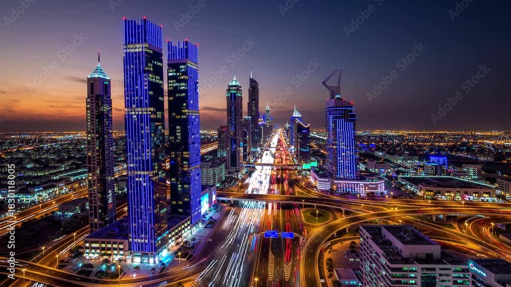 custom made wallpaper toronto digitalTall skyscrapers adorned with vibrant lights stand proudly against a twilight sky, illuminating the bustling city below. The busy highways weave through the urban landscape, showca