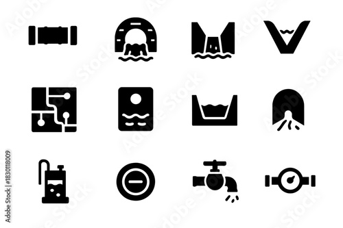Drainage Infrastructure Icons. Drainage infrastructure. Solid icon set of Drainage infrastructure: underground pipe, culvert, open channel, drainage ditch,