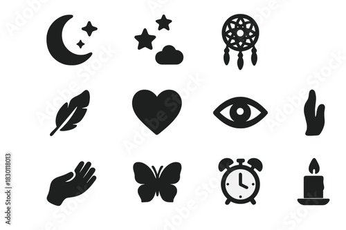 Dreamy Icon Collection. Dreamy Memories. Solid icon set of Dreamy Memories: moon, stars, dreamcatcher, cloud, feather, heart, eye, open hand, butterfly, clock,