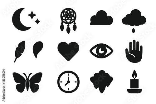 Dreamy Icon Collection. Dreamy Memories. Solid icon set of Dreamy Memories: moon, stars, dreamcatcher, cloud, feather, heart, eye, open hand, butterfly, clock,