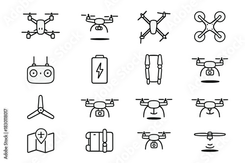 Drone Fleet Icons. Drone Fleet. Line icon set of Drone Fleet: multiple drones, quadcopters, drone in flight, drones in formation, controller, drone battery,