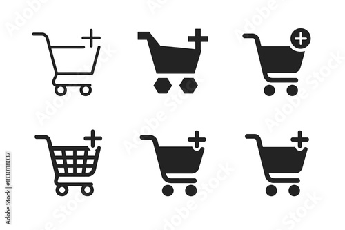 E-commerce Cart Logos. Online shopping cart UI. Icon set. Set Logo of e-commerce: cart with plus and minus signs. harmonious logo variations of the same