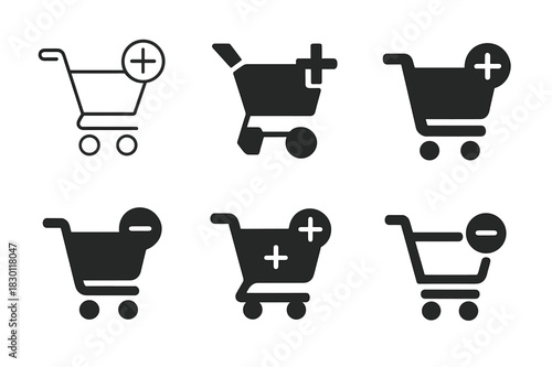 E-commerce Cart Logos. Online shopping cart UI. Icon set. Set Logo of e-commerce: cart with plus and minus signs. harmonious logo variations of the same