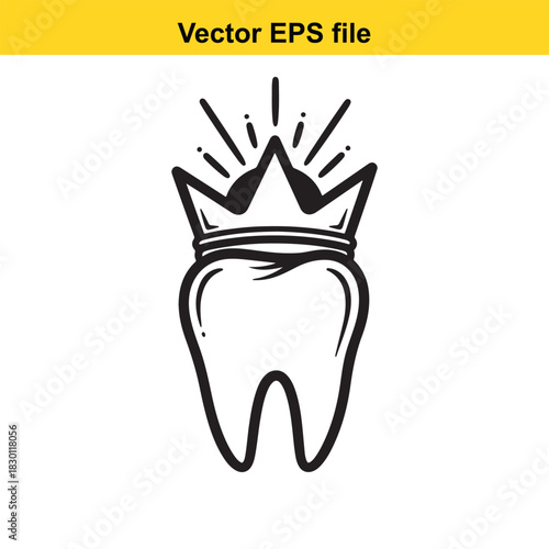 Hand drawn black and white vector icon of a tooth wearing a royal crown with shining rays, symbolizing dental health and perfection, isolated on white background