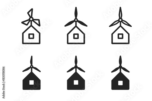 Eco Architecture Logos. Eco architecture. Icon set. Set Logo of Eco architecture: Wind turbine house. harmonious logo variations of the same emblematic concept