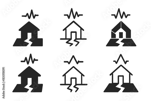 Earthquake Hazard Logos. Earthquake hazards. Icon set. Set Logo of earthquake hazards: Earthquake sensor alert. harmonious logo variations of the