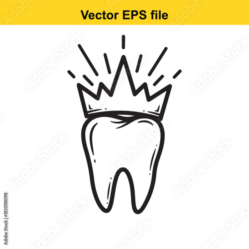 Hand drawn doodle style vector illustration of a molar tooth wearing a shining crown, perfect for dental clinic or oral hygiene concept, isolated on white background